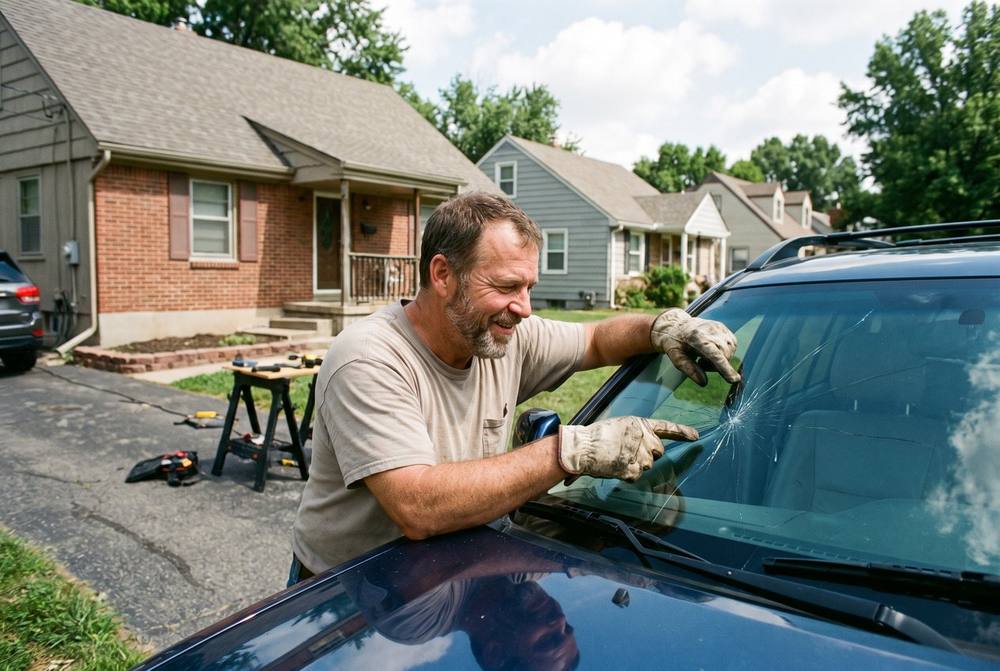 Technician inspects windshield damage